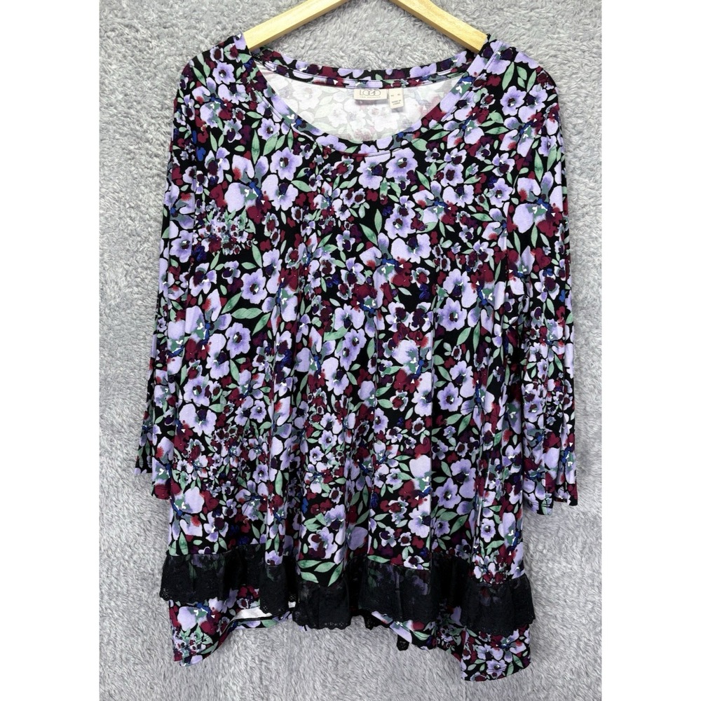 LOGO Lori Goldstein Women Tunic Top Purple Floral Lace Trim Pockets Boho XL NWOT